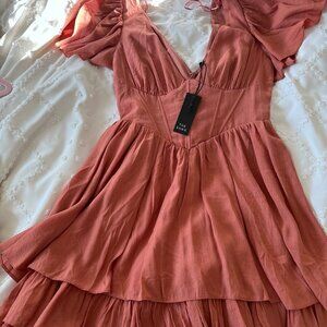 Deep v neckline corset waist A line flare dress - Rust